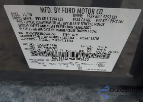 2021 Ford Ecosport Se z USA, uszkodzony, nr VIN MAJ6S3GL9MC402650